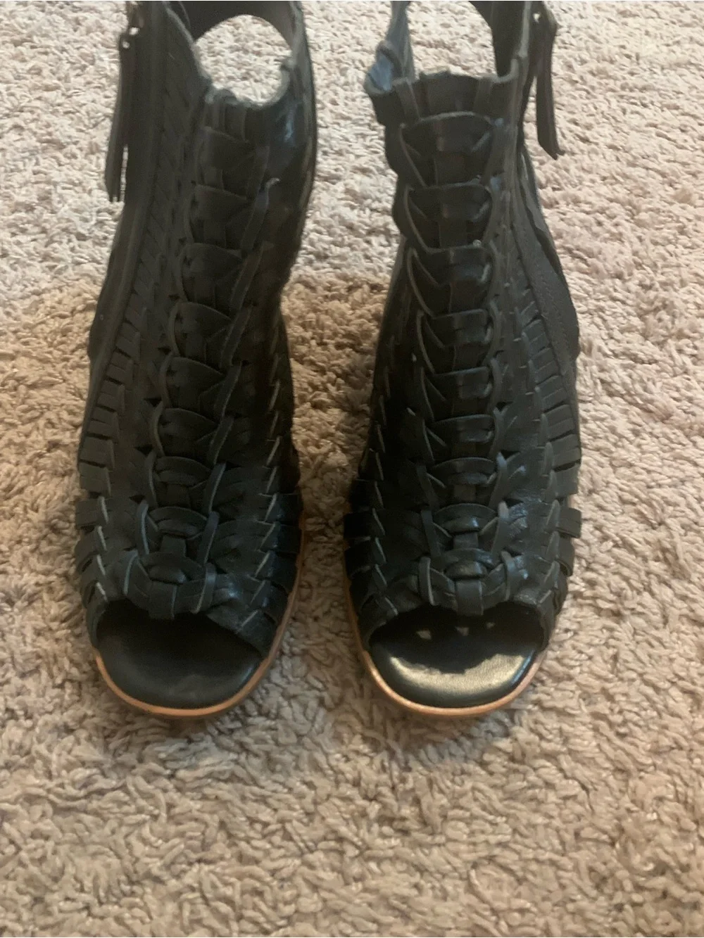 Paul Green Miranda Peep Toe Woven Ankle Boots Bootie Leather Black